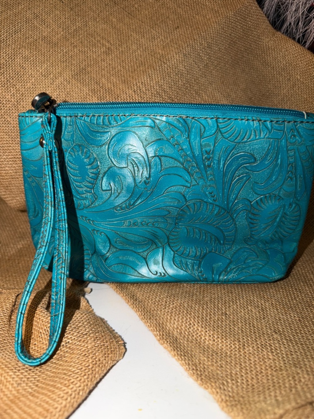Justin Wristlet Tooled Leather Western Pouch Zippered Clutch Purse Turquoise EUC